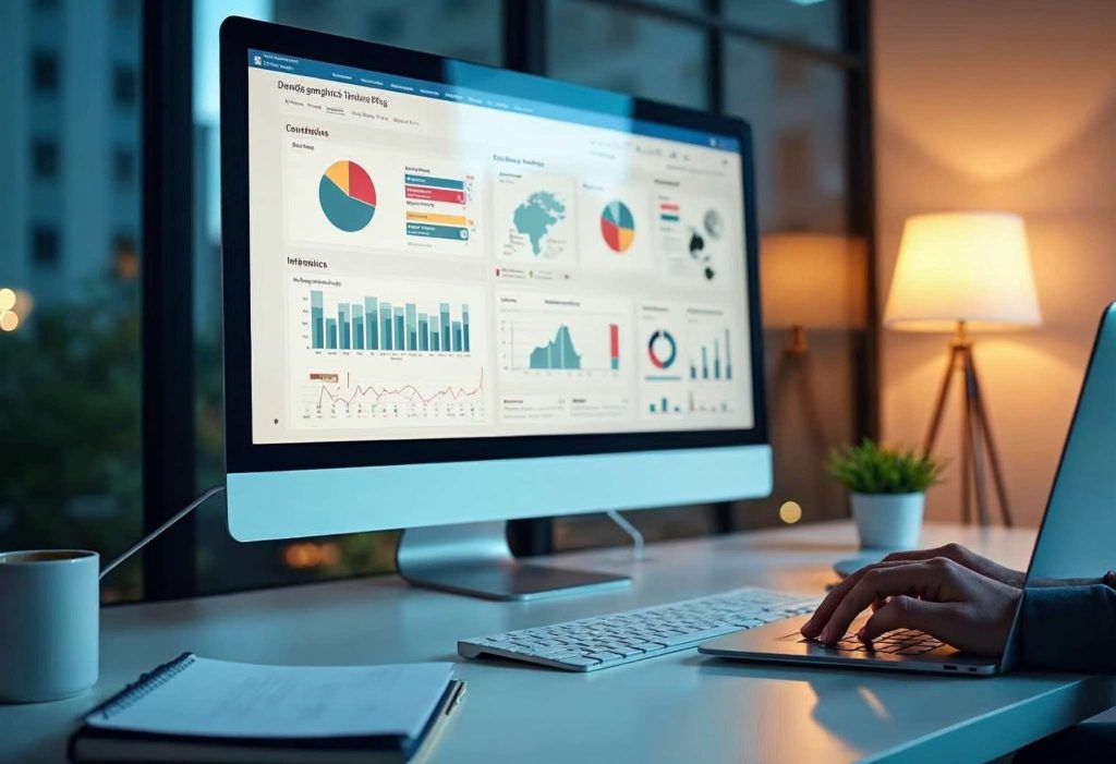 Bir dijital pazarlama çalışma alanı, ekranda demografik hedefleme paneli açık. Yaş, cinsiyet, gelir seviyesi, eğitim durumu, meslek ve ilgi alanlarını gösteren hedef kitle segmentleri ve performans grafikleri ekranda görülüyor. Masada dizüstü bilgisayar, defter ve kahve fincanı bulunuyor. Parlak, düzenli ve profesyonel bir ortam, çevrimiçi reklam ve hedef kitle yönetimini vurguluyor.
