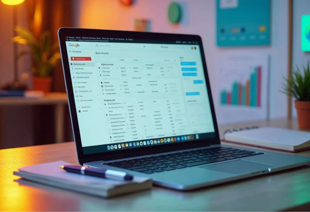 Google Ads Editör arayüzünün açık olduğu bir dizüstü bilgisayar ekranı. Ekranda kampanya listeleri, reklam grupları ve anahtar kelimeler görülüyor. Masada bir defter ve kalem bulunuyor. Arka planda dijital pazarlama ikonları ve grafikler, çevrimdışı reklam yönetimi ve optimizasyonu vurguluyor. Aydınlık ve düzenli bir çalışma alanı.