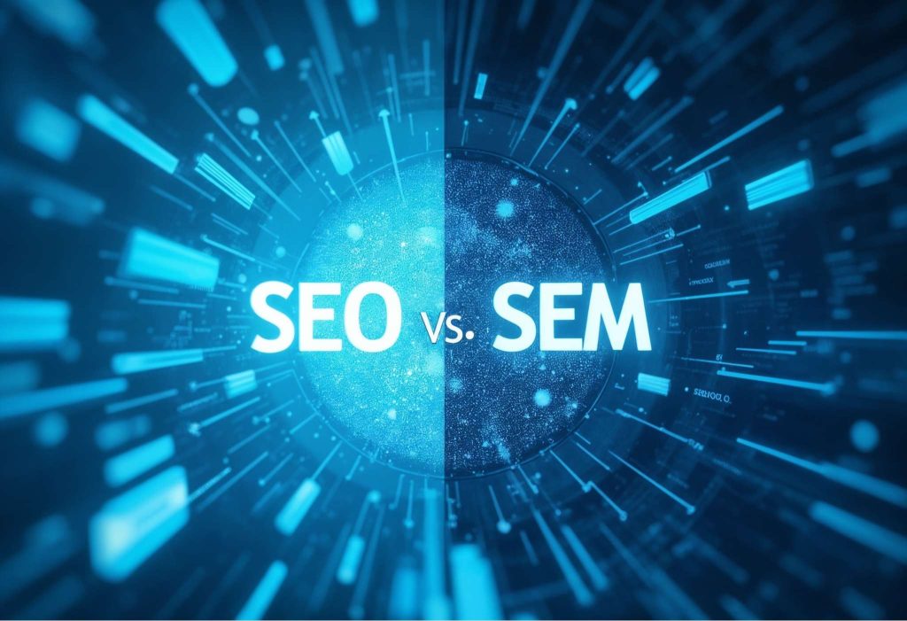 SEO ve SEM'i dijital pazarlama içinde karşılaştıran bilgilendirici bir grafik oluşturun. SEO'yu, anahtar kelimeler, backlinkler ve yüksek sıralamalı sayfalarla organik, uzun vadeli bir yaklaşım olarak simgeleyen simgeler kullanın. SEM'i ise reklamlar, Google Ads ve hızlı trafik ile daha hızlı, ücretli bir strateji olarak temsil edin. Görselde her iki stratejinin arasındaki farkları vurgulayan büyüme grafiklerini veya hız çizgilerini kullanarak, hız ve sürdürülebilirlik arasındaki karşıtlığı gösterin. Tasarım modern ve şık olmalı, her iki yöntemin avantajlarını net bir şekilde belirten görsel öğelerle bölünmüş olmalı.