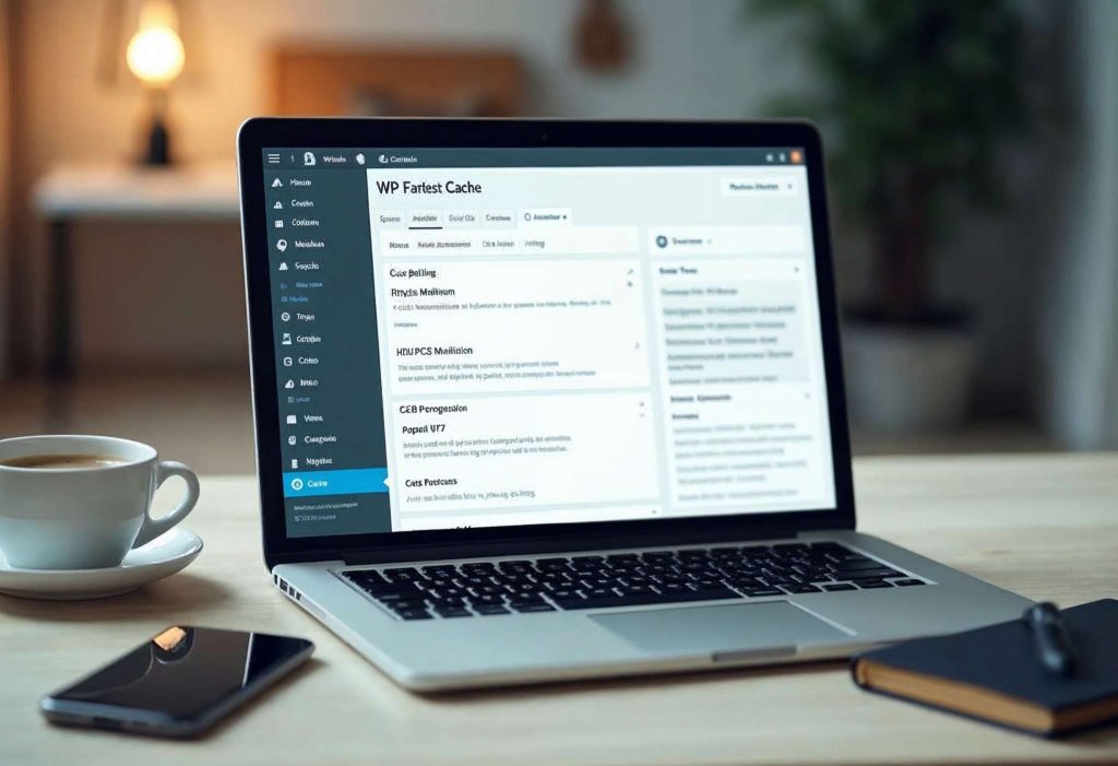Bilgisayar ekranında WordPress yönetim paneli açık, WP Fastest Cache eklentisi aktif, önbellek ve hız optimizasyonu ayarları görüntüleniyor. Masada kahve, not defteri ve telefon bulunuyor. Görsel, web sitesi hız optimizasyonunu ve önbellekleme işlemlerini temsil ediyor.