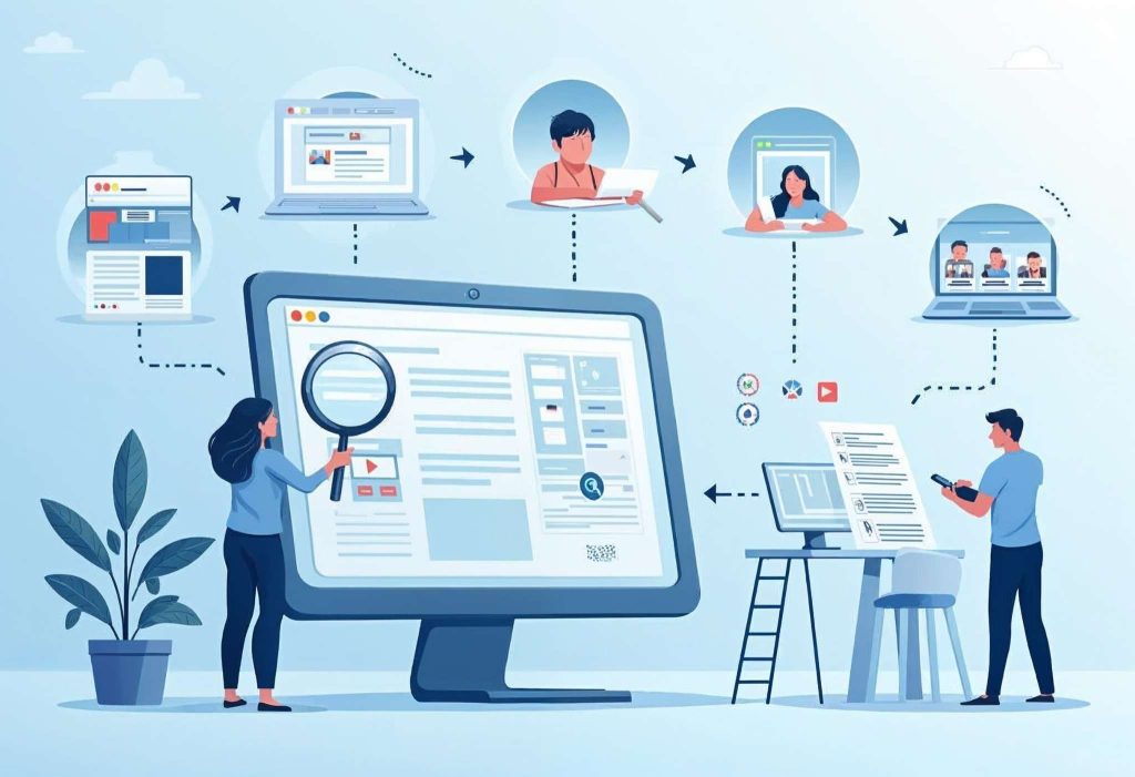 DMCA şikayet sürecini anlatan dijital bir illüstrasyon. Görselde, izinsiz içeriklerin tespiti, içerik sahibiyle iletişime geçme, DMCA şikayeti formu doldurma ve içeriğin internetten kaldırılma süreci görsel olarak temsil edilmiştir. Her adım, basit simgelerle ve minimalist bir tasarımla açıklanmış, profesyonel ve modern bir görünüm sağlanmıştır.