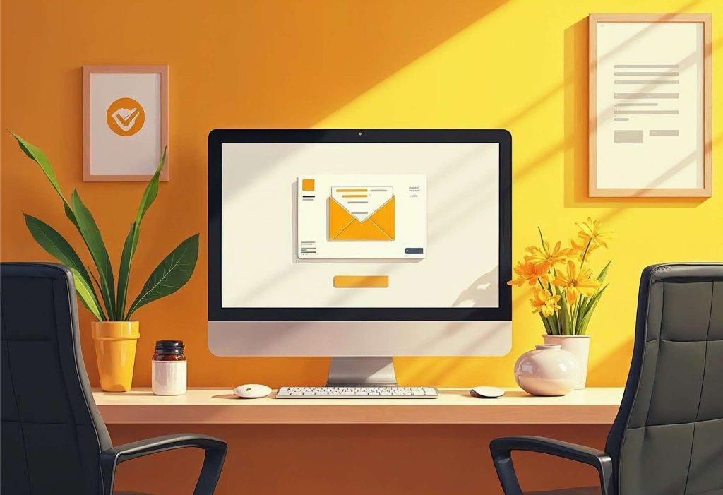 Mailchimp e-posta pazarlama aracı ile profesyonel kampanya yönetimi ve analiz süreçlerini görselleştiren modern ve kurumsal bir dijital illüstrasyon.