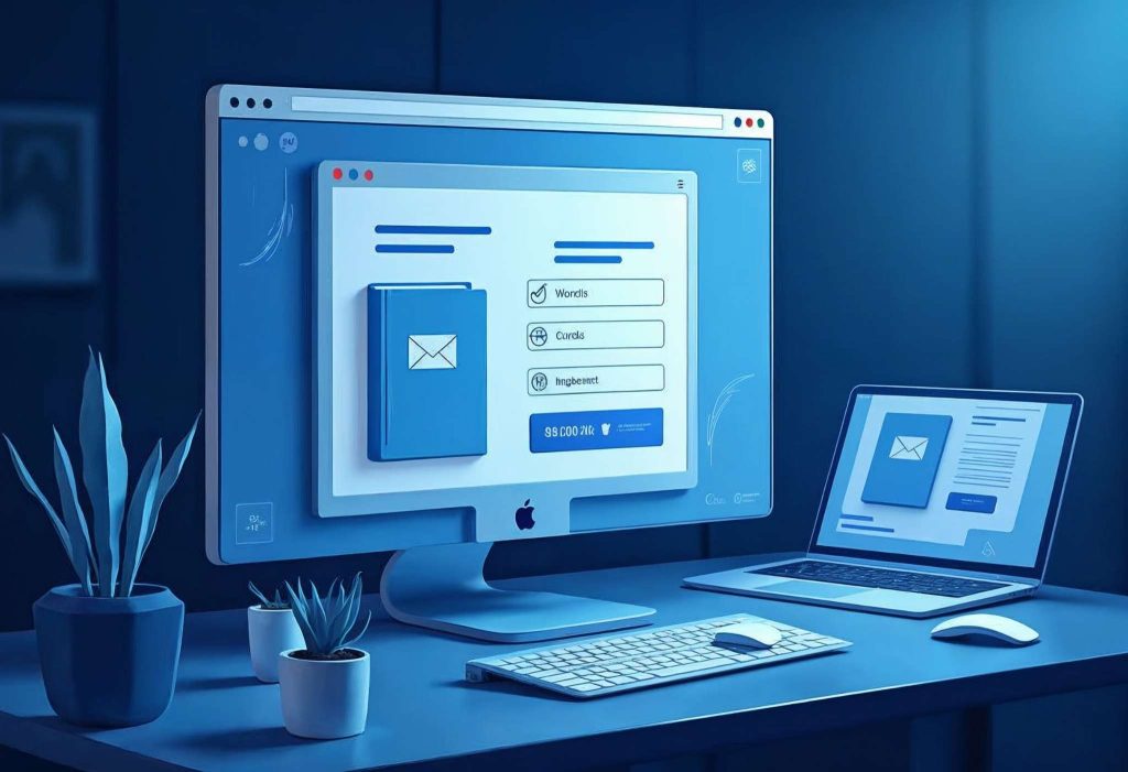 WordPress popup eklentileriyle dönüşüm oranlarını artırmayı gösteren profesyonel dijital illüstrasyon. Görsel, e-posta karşılığında ücretsiz e-kitap teklif eden bir popup, indirim kodu sunan bir popup ve aciliyet yaratan geri sayım içeren popupları içeriyor. Aynı zamanda, mobil uyumlu tasarımıyla kullanıcı deneyimini vurgulayan mobil cihazda gösterilen popup elemanları da yer alıyor.